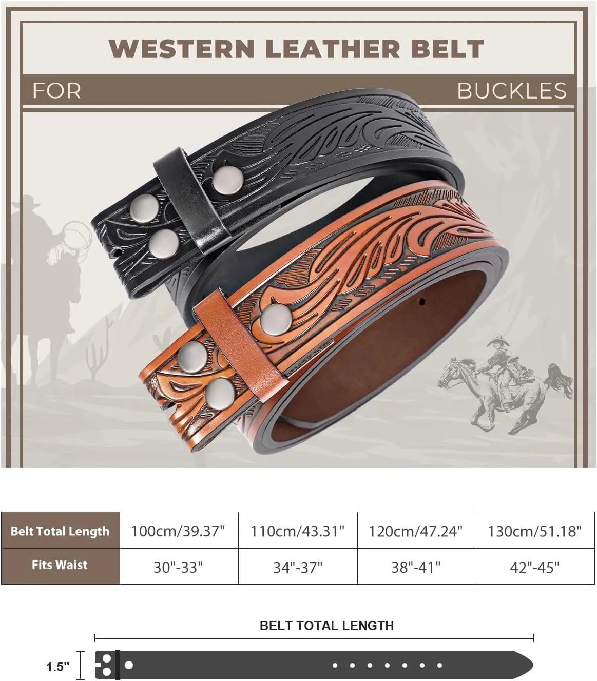 2 Pack Western Leather Belt Strap for Men Women Cowboy Cowgirl Leather Mens Belts for Jeans Gift Belt without Buckle