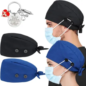 2 Pcs Satin Lined Scrub Cap Nurse Hats for Women Men 4 Buttons