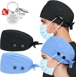 2 Pcs Satin Lined Scrub Cap Nurse Hats for Women Men 4 Buttons