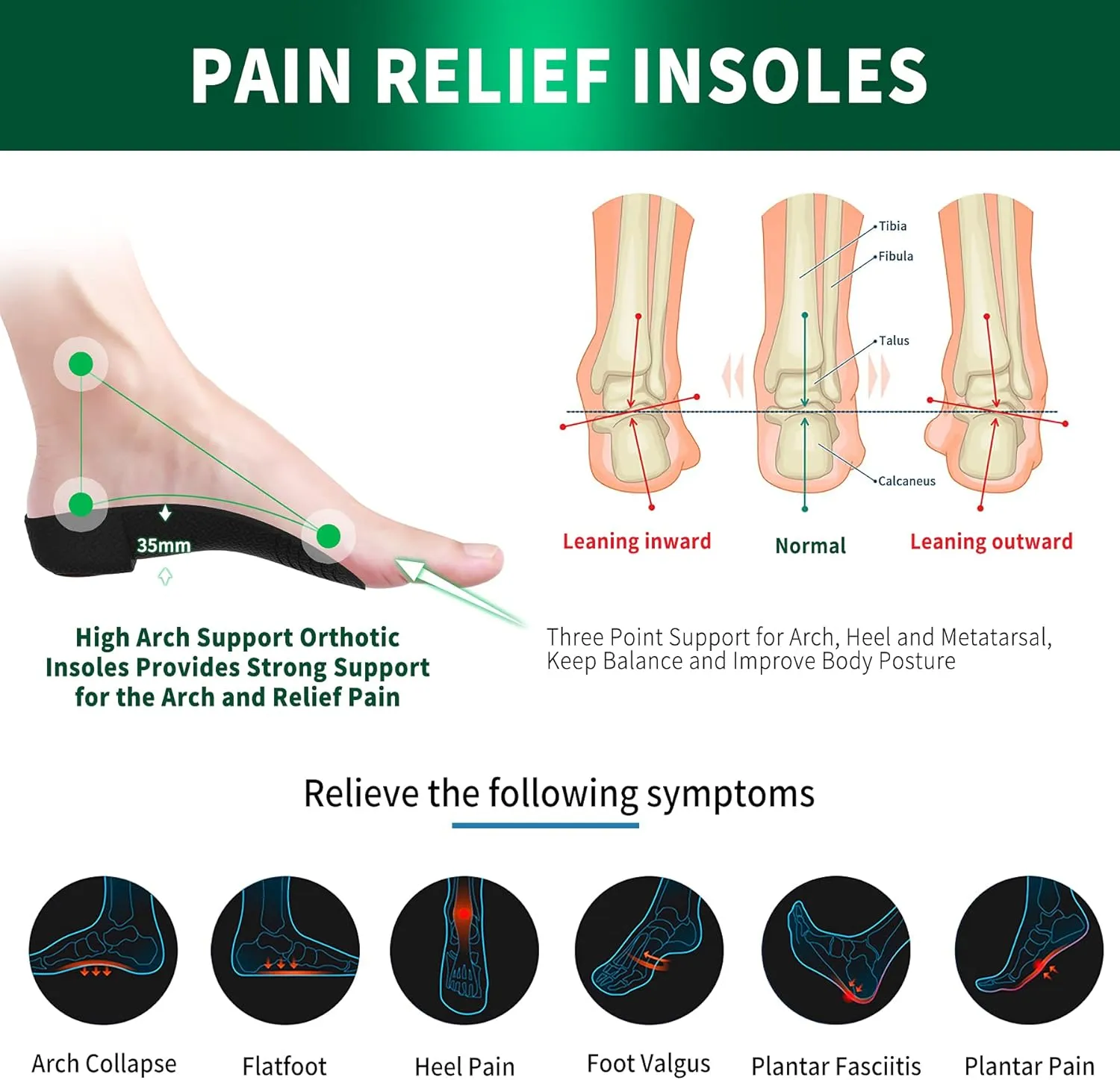 3/4 Arch Support Insoles for Women/Men,QBK Orthotics Shoe Insoles High Arch Supports Shoe Insoles for Plantar Fasciitis, Flat Feet, Over-Pronation,Height Increase InsolesXL