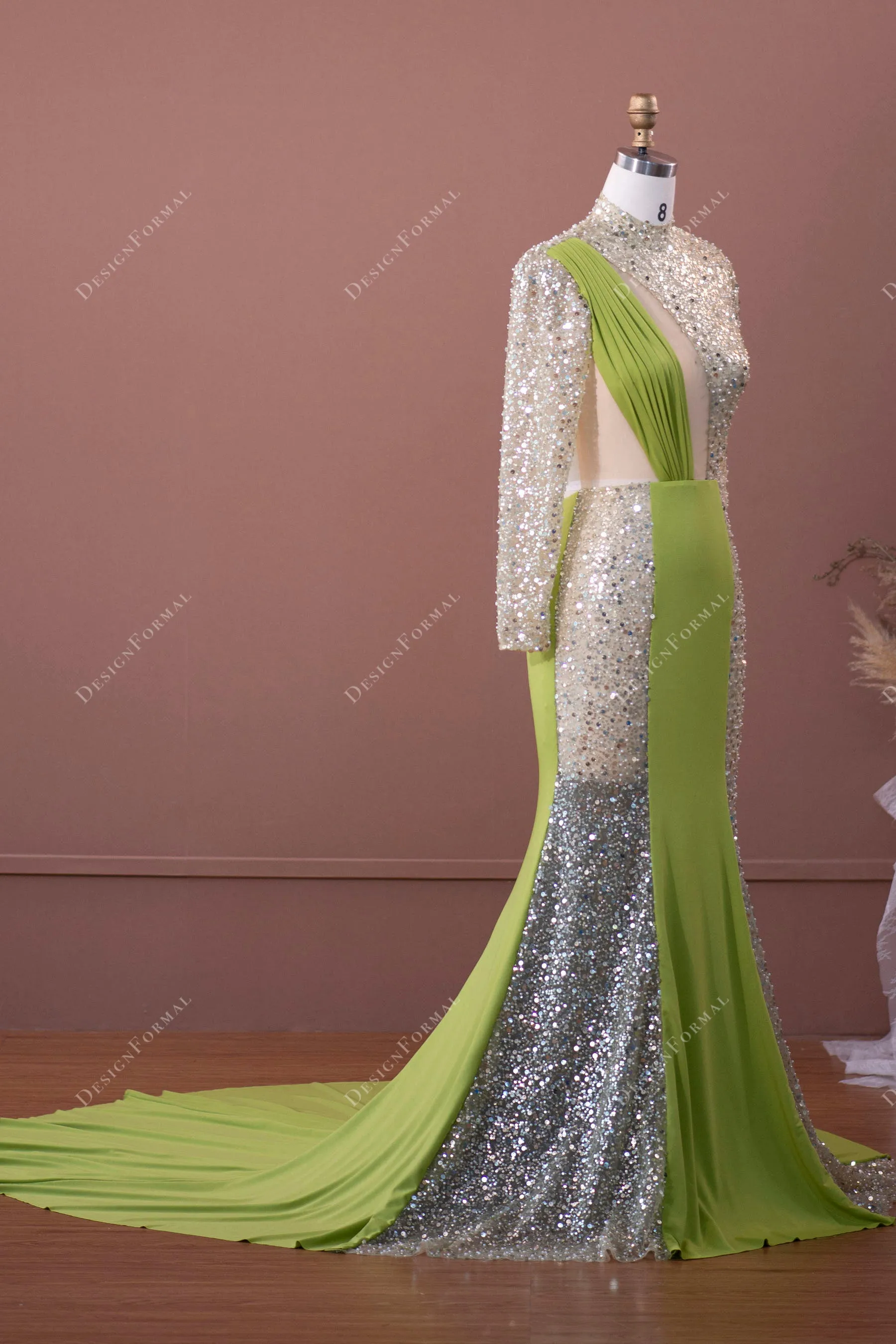 Designer Sage Green Beaded Jersey Sexy Prom Formal Dress