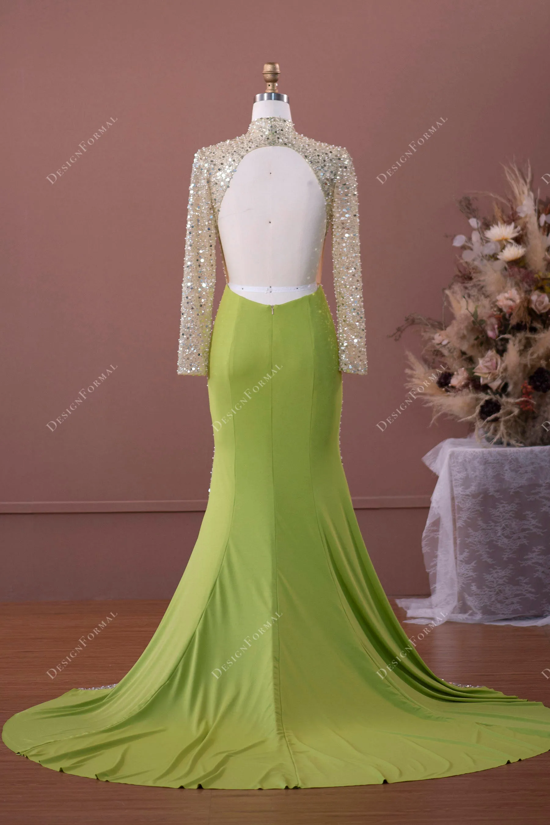 Designer Sage Green Beaded Jersey Sexy Prom Formal Dress