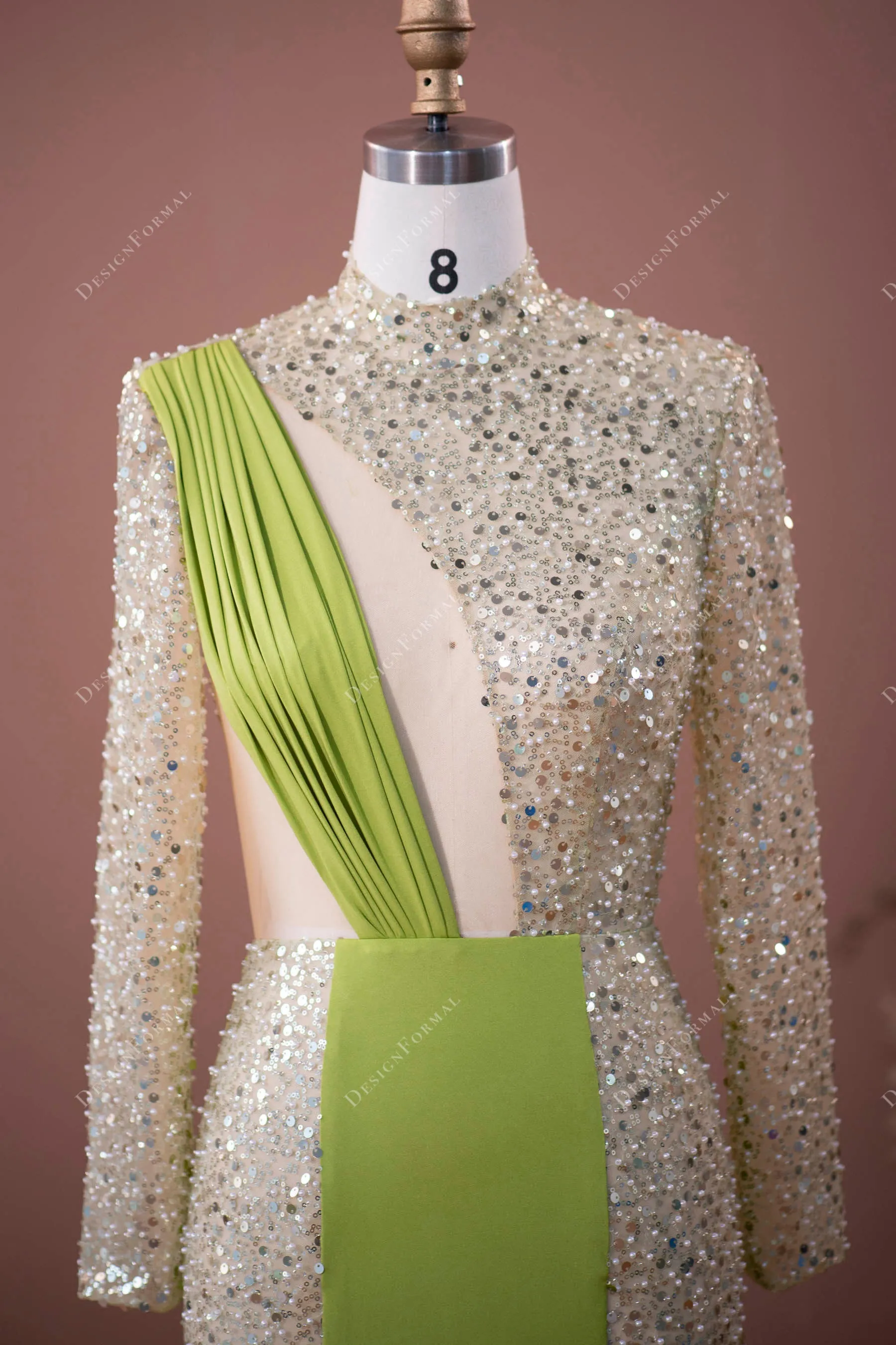 Designer Sage Green Beaded Jersey Sexy Prom Formal Dress