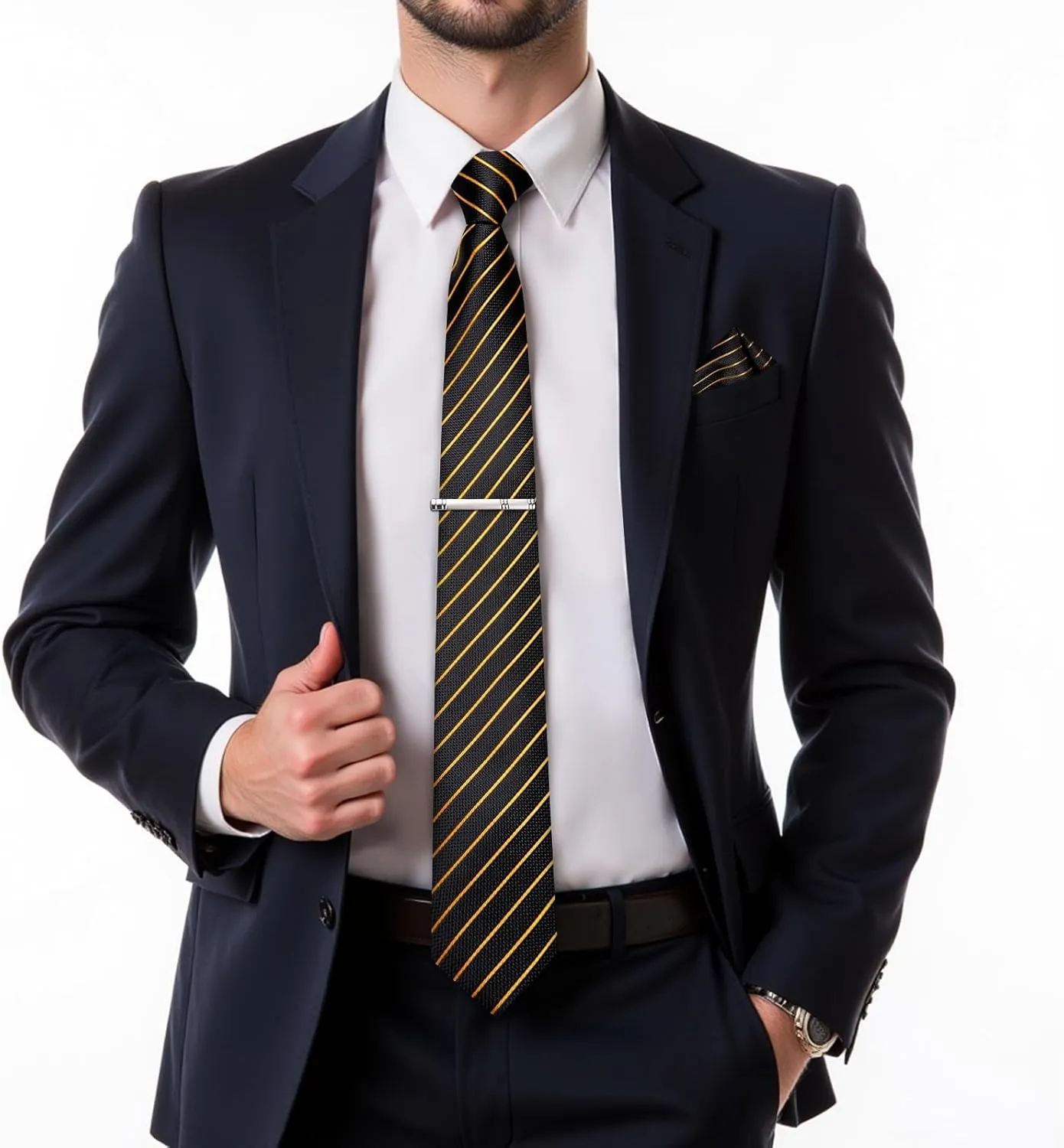 DiBanGu Mens Striped Tie Silk Woven Necktie and Pocket Square Cufflinks Tie Clip Set Wedding Business Formal Gift Tie for Men
