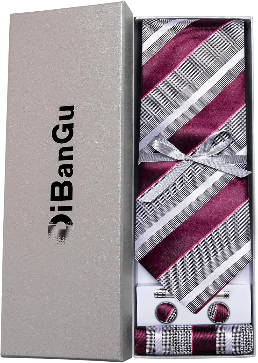 DiBanGu Mens Striped Tie Silk Woven Necktie and Pocket Square Cufflinks Tie Clip Set Wedding Business Formal Gift Tie for Men