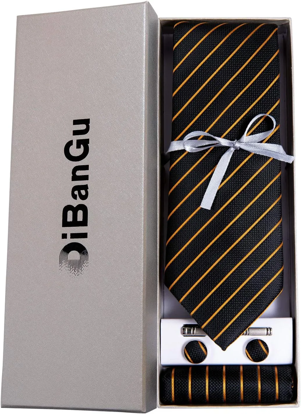 DiBanGu Mens Striped Tie Silk Woven Necktie and Pocket Square Cufflinks Tie Clip Set Wedding Business Formal Gift Tie for Men