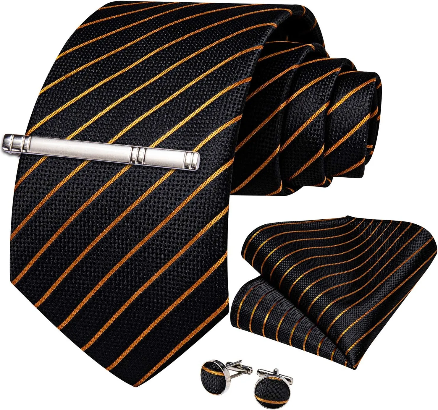 DiBanGu Mens Striped Tie Silk Woven Necktie and Pocket Square Cufflinks Tie Clip Set Wedding Business Formal Gift Tie for Men