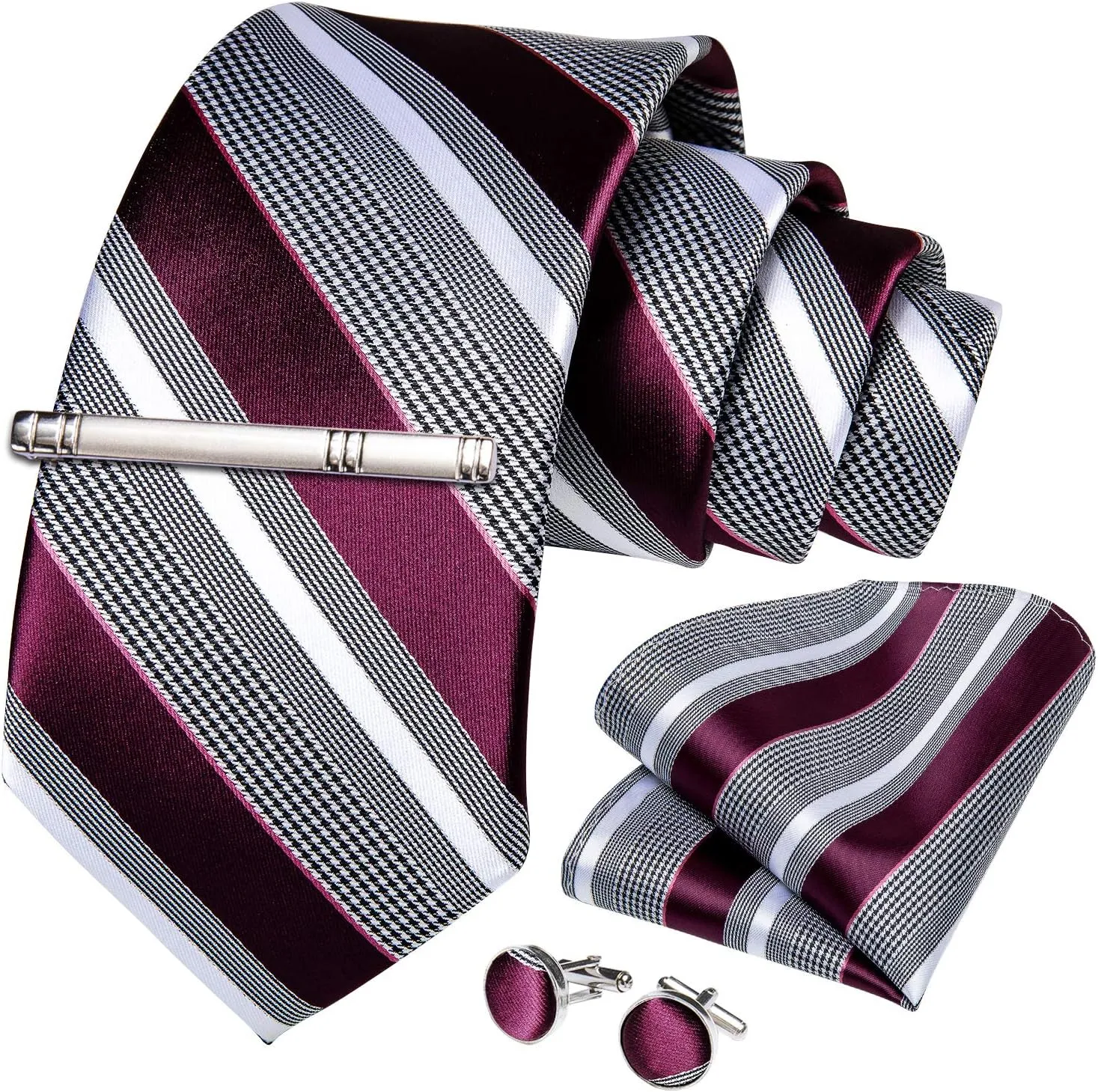 DiBanGu Mens Striped Tie Silk Woven Necktie and Pocket Square Cufflinks Tie Clip Set Wedding Business Formal Gift Tie for Men