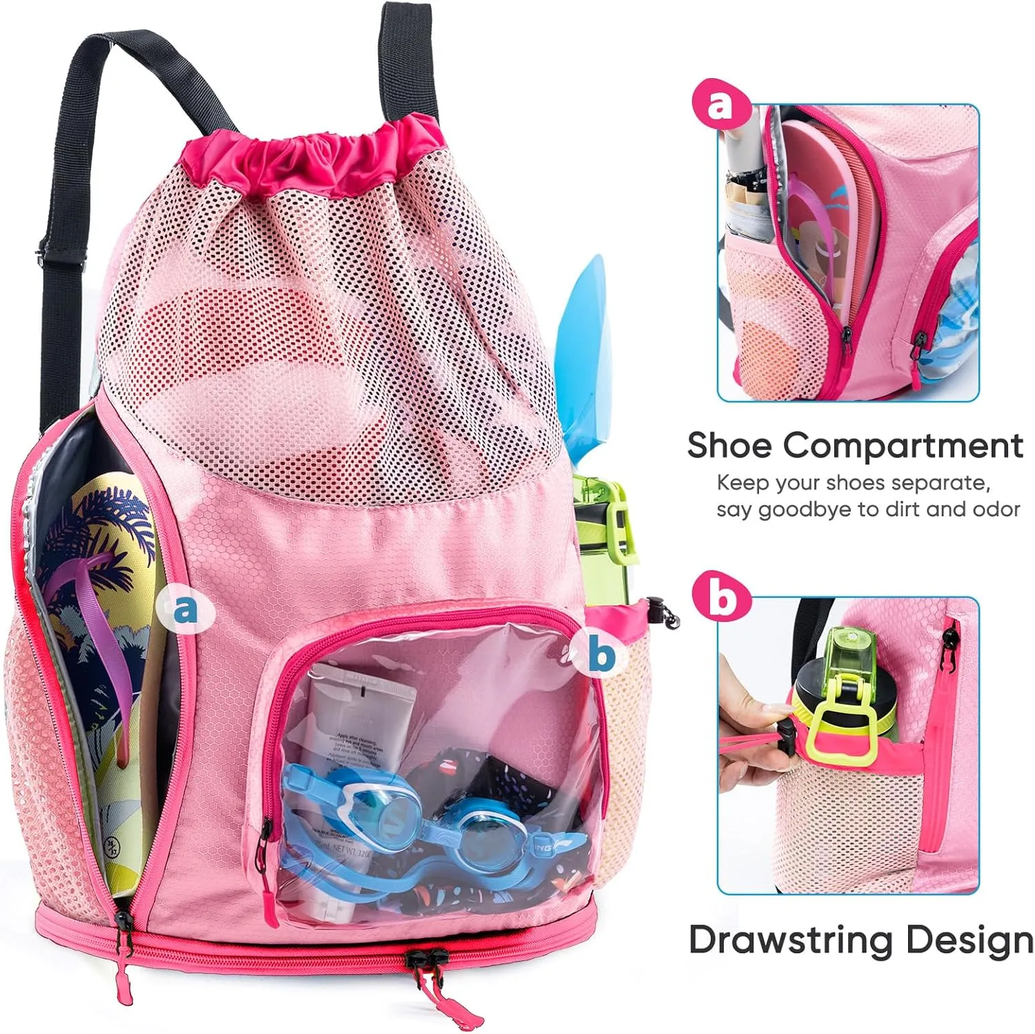 Drawstring Backpack Sandproof - Mesh Backpack Beach Bag with Shoe Compartment - Swim Bag for Beach, Pool - Pool Bag with Pockets for Toiletries - Wet Bag for Swimsuit - Summer Camp Essentials