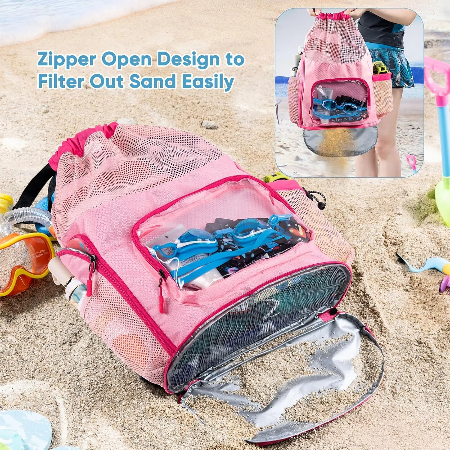 Drawstring Backpack Sandproof - Mesh Backpack Beach Bag with Shoe Compartment - Swim Bag for Beach, Pool - Pool Bag with Pockets for Toiletries - Wet Bag for Swimsuit - Summer Camp Essentials