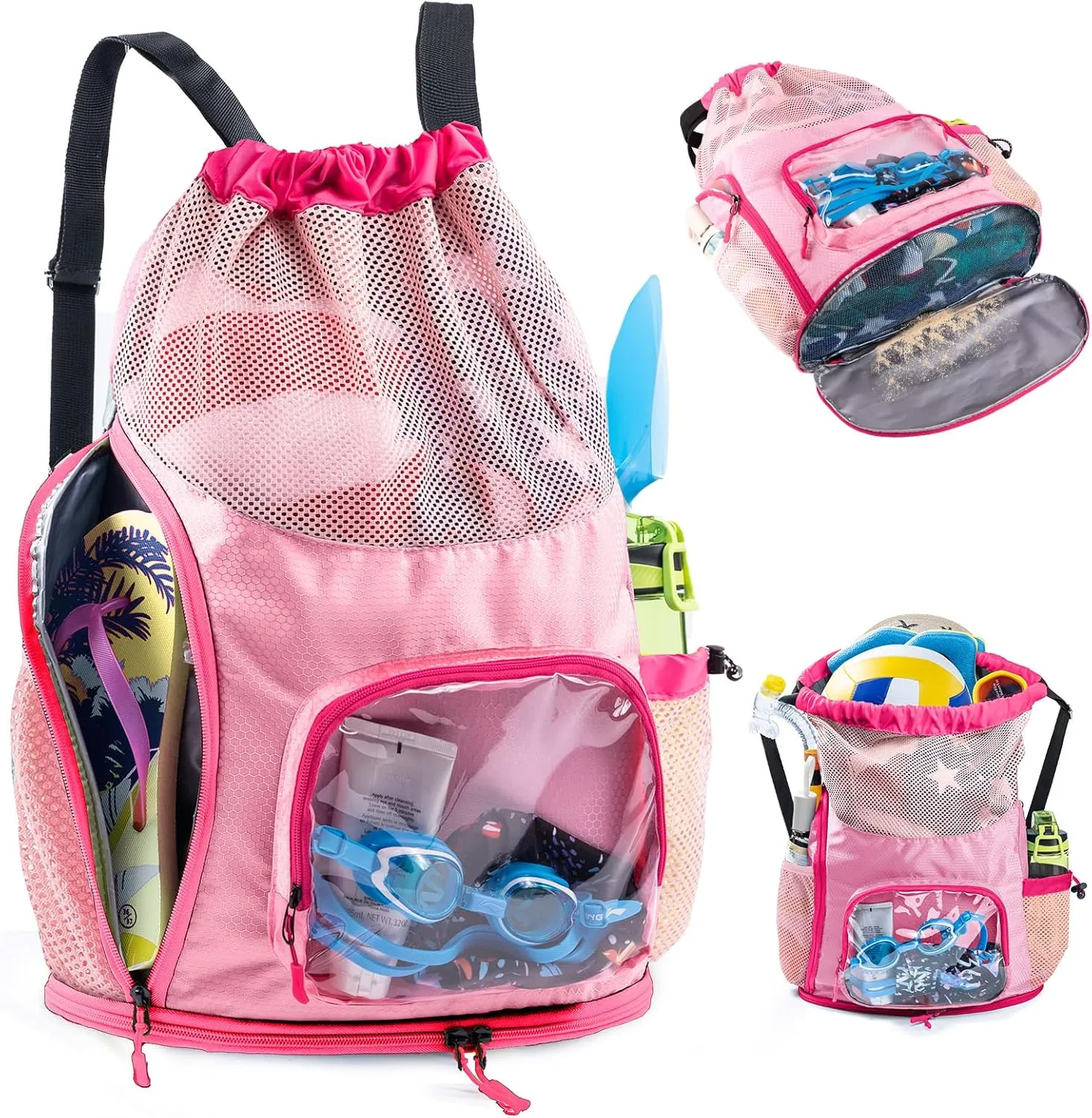 Drawstring Backpack Sandproof - Mesh Backpack Beach Bag with Shoe Compartment - Swim Bag for Beach, Pool - Pool Bag with Pockets for Toiletries - Wet Bag for Swimsuit - Summer Camp Essentials