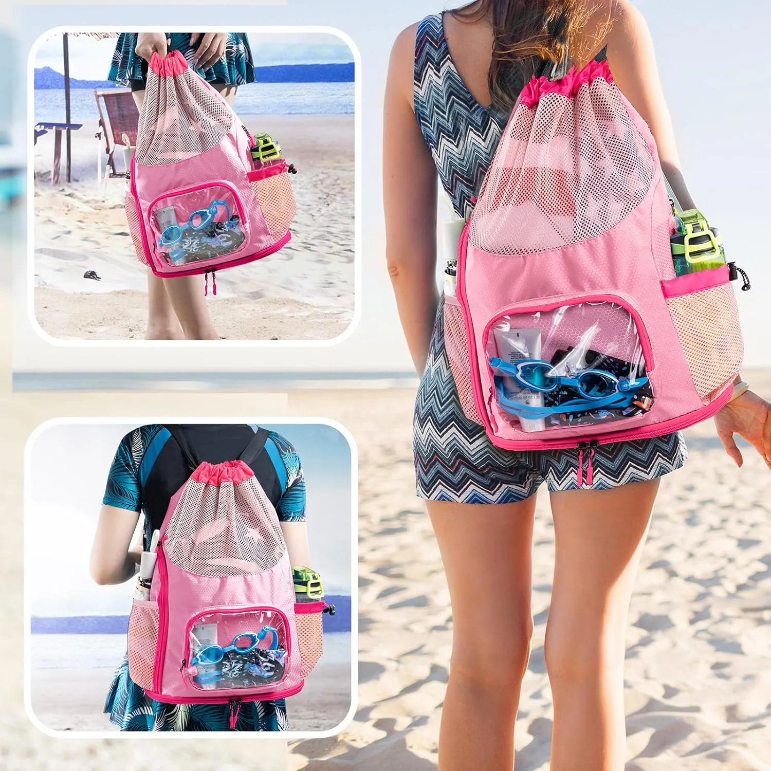 Drawstring Backpack Sandproof - Mesh Backpack Beach Bag with Shoe Compartment - Swim Bag for Beach, Pool - Pool Bag with Pockets for Toiletries - Wet Bag for Swimsuit - Summer Camp Essentials