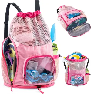 Drawstring Backpack Sandproof - Mesh Backpack Beach Bag with Shoe Compartment - Swim Bag for Beach, Pool - Pool Bag with Pockets for Toiletries - Wet Bag for Swimsuit - Summer Camp Essentials
