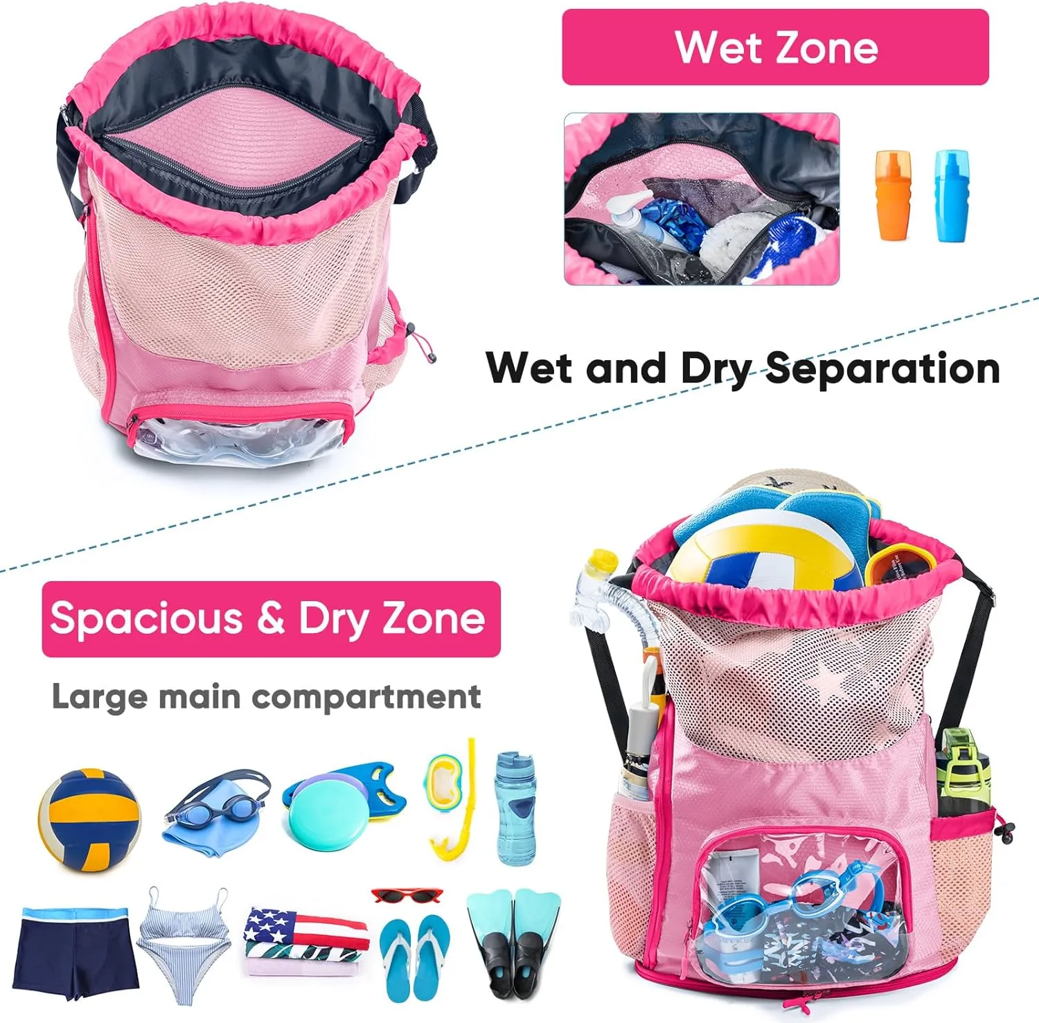 Drawstring Backpack Sandproof - Mesh Backpack Beach Bag with Shoe Compartment - Swim Bag for Beach, Pool - Pool Bag with Pockets for Toiletries - Wet Bag for Swimsuit - Summer Camp Essentials