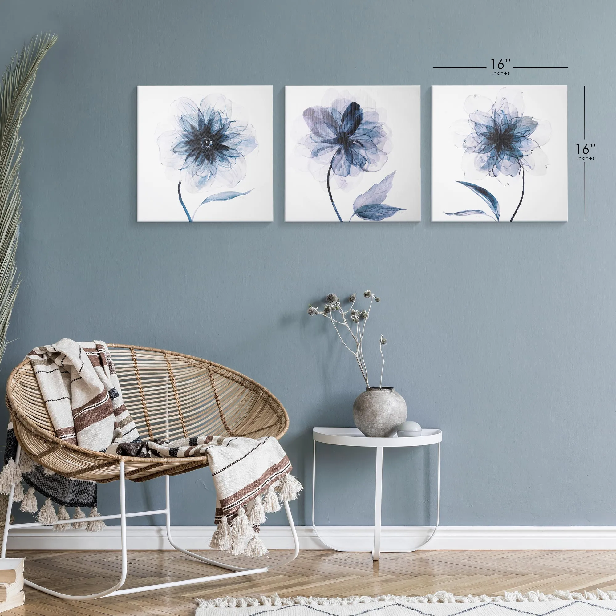 Indigo Bloom Canvas Wall Art Print Set of 3 - 16" x 16"
