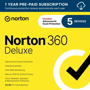 Norton 360 Deluxe 2025, Antivirus software for 5 Devices with Auto-Renewal  Includes Advanced AI Scam Protection, VPN, Dark Web Monitoring & PC Cloud Backup [Download]