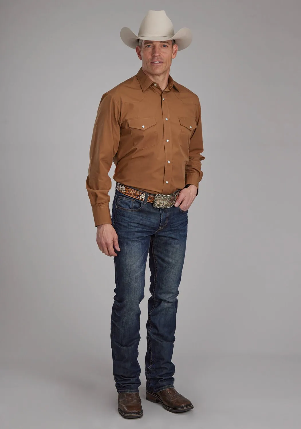 Roper Mens 2124 Broadcloth Rust Cotton Blend L/S Shirt