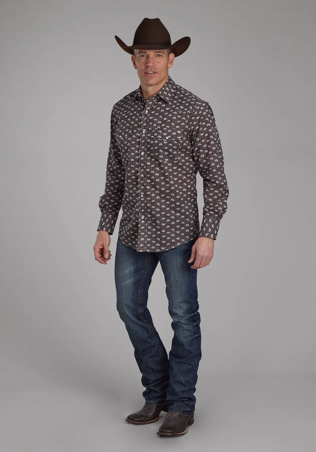 Roper Mens Floral Print Brown/Cream Cotton Blend L/S Shirt