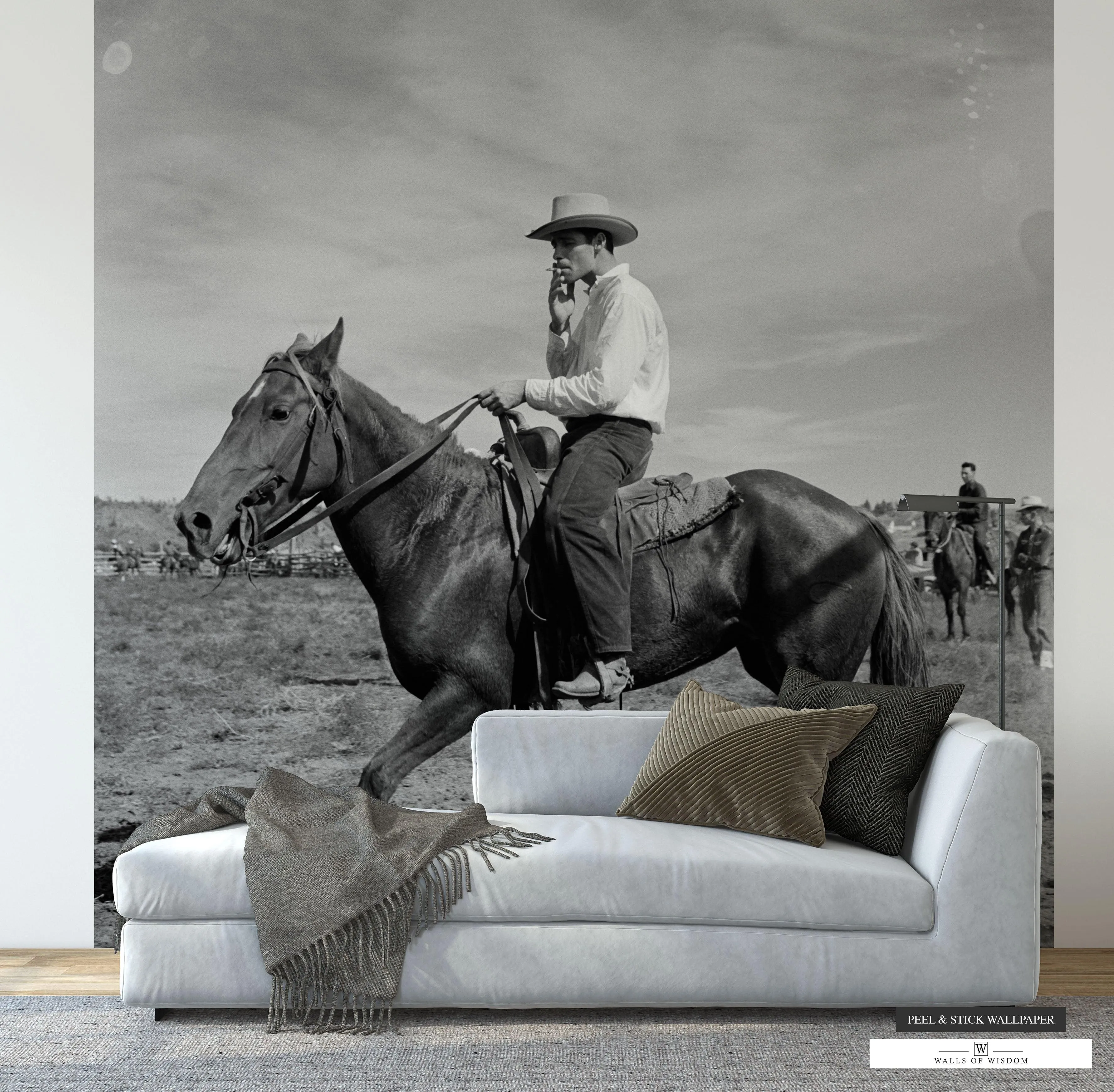 Smoking Cowboy on Horse Rodeo Mural - Rustic Western Peel & Stick Wallpaper