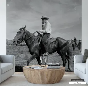 Smoking Cowboy on Horse Rodeo Mural - Rustic Western Peel & Stick Wallpaper