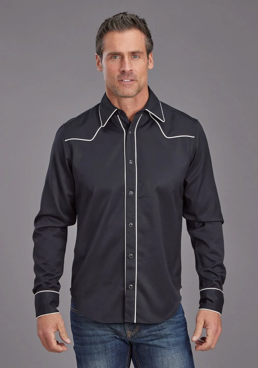 Stetson Mens Vintage Piping Black Poly/Rayon L/S Shirt
