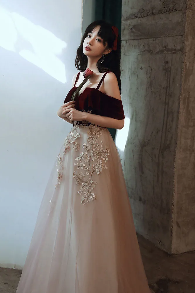 Vintage A Line Burgundy Straps Tulle Formal Dress, Elegant Applique Prom Dress UQP0145