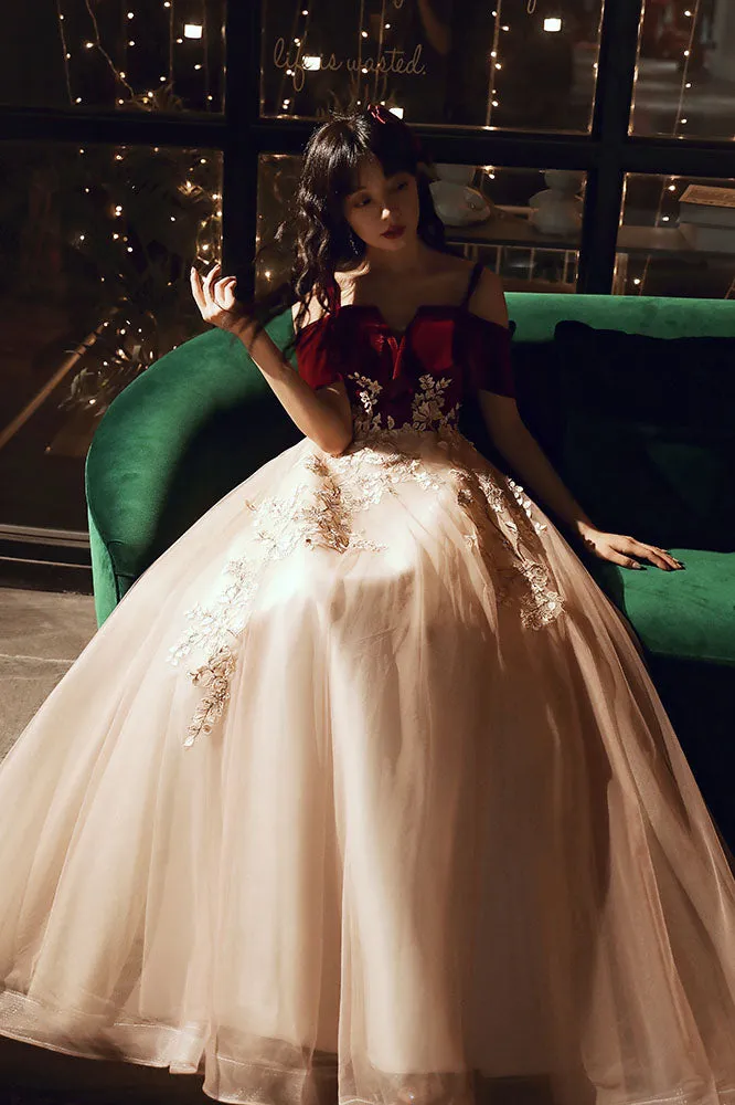 Vintage A Line Burgundy Straps Tulle Formal Dress, Elegant Applique Prom Dress UQP0145