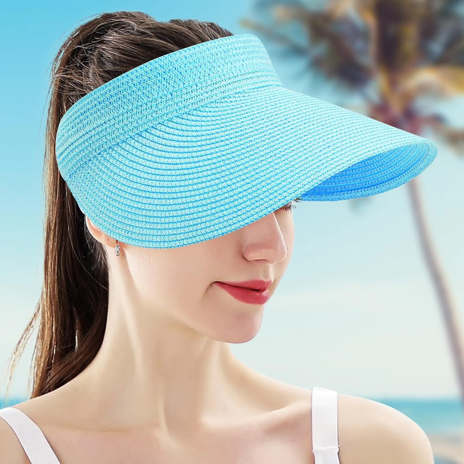 Women Summer Sun Hat Lady's Portable Beach Visor Bowknot Straw Hat